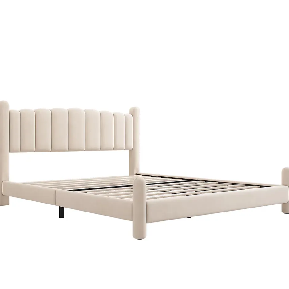 Gutent Lit adulte lit rembourré lit 180x200cm lit cadre à lattes en bois lit pieds de support cylindriques velours beige Clearance