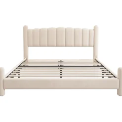Gutent Lit adulte lit rembourré lit 180x200cm lit cadre à lattes en bois lit pieds de support cylindriques velours beige Clearance