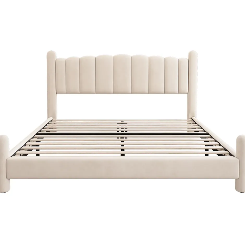 Gutent Lit adulte lit rembourré lit 180x200cm lit cadre à lattes en bois lit pieds de support cylindriques velours beige Clearance
