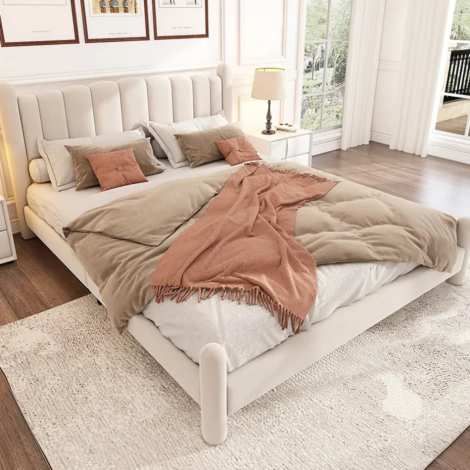 Gutent Lit adulte lit rembourré lit 180x200cm lit cadre à lattes en bois lit pieds de support cylindriques velours beige Clearance