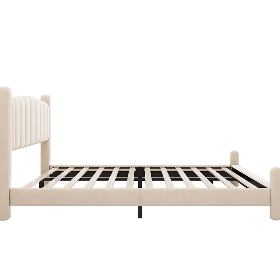 Gutent Lit adulte lit rembourré lit 180x200cm lit cadre à lattes en bois lit pieds de support cylindriques velours beige Clearance