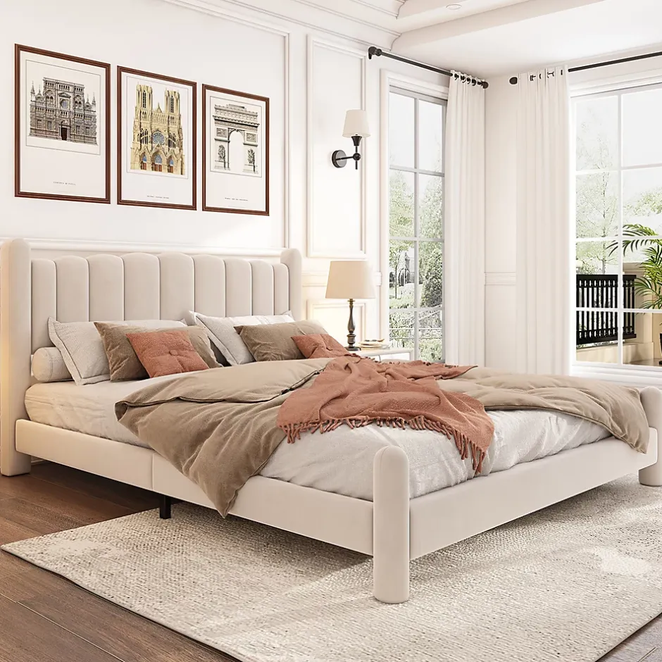 Gutent Lit adulte lit rembourré lit 180x200cm lit cadre à lattes en bois lit pieds de support cylindriques velours beige Clearance