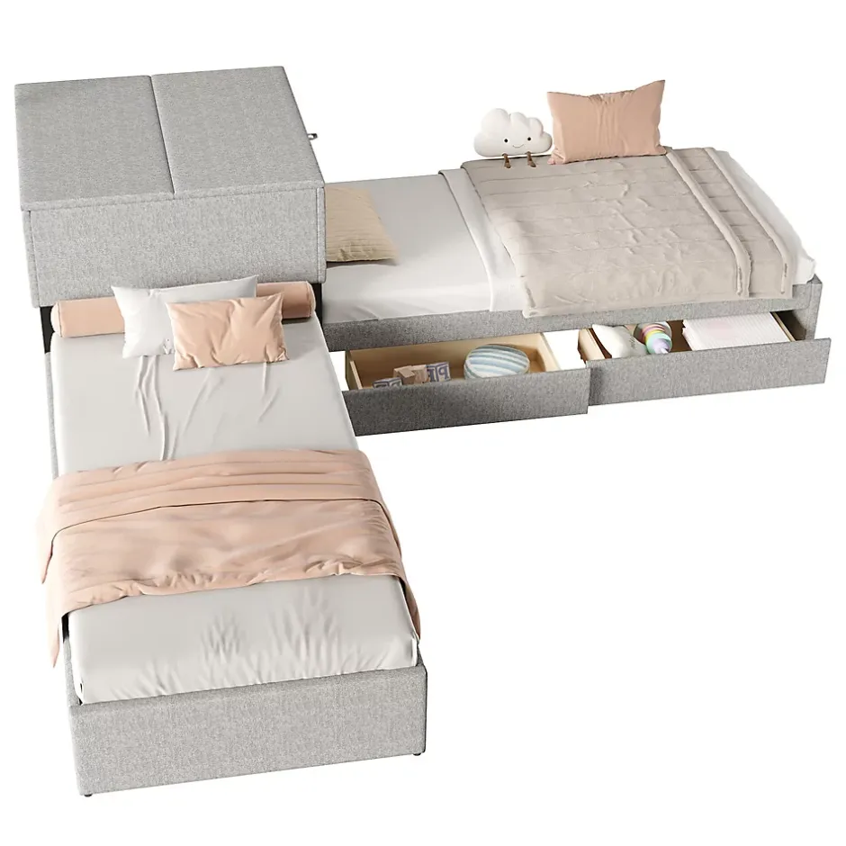 Gutent Lit adulte lit rembourré lit 90x200 cm avec armoire de rangement et tiroir lit double lin gris Online