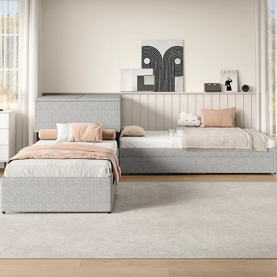 Gutent Lit adulte lit rembourré lit 90x200 cm avec armoire de rangement et tiroir lit double lin gris Online
