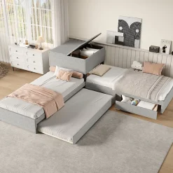 Gutent Lit adulte lit rembourré lit 90x200 cm avec armoire de rangement et tiroir lit double lin gris Online