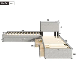 Gutent Lit adulte lit rembourré lit 90x200 cm avec armoire de rangement et tiroir lit double lin gris Online