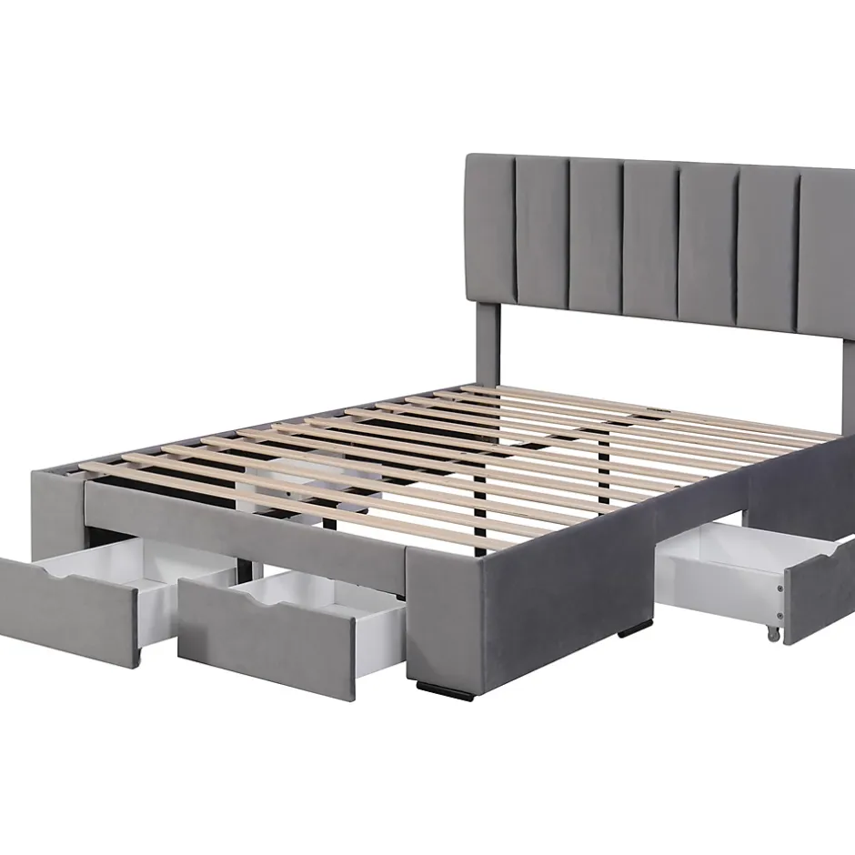 Gutent Lit adulte lit rembourré 140x200 cm, avec dossier,sommier à lattes et 4 tiroirs, velours, gris Sale