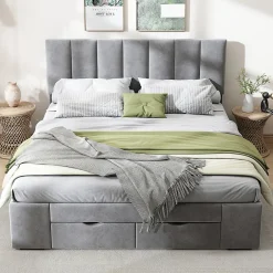 Gutent Lit adulte lit rembourré 140x200 cm, avec dossier,sommier à lattes et 4 tiroirs, velours, gris Sale