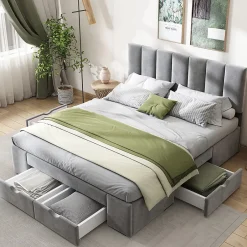 Gutent Lit adulte lit rembourré 140x200 cm, avec dossier,sommier à lattes et 4 tiroirs, velours, gris Sale