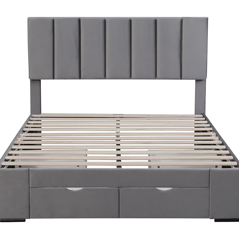 Gutent Lit adulte lit rembourré 140x200 cm, avec dossier,sommier à lattes et 4 tiroirs, velours, gris Sale