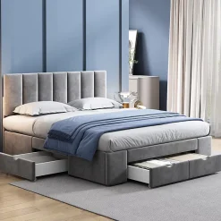 Gutent Lit adulte lit rembourré 140x200 cm, avec dossier,sommier à lattes et 4 tiroirs, velours, gris Sale