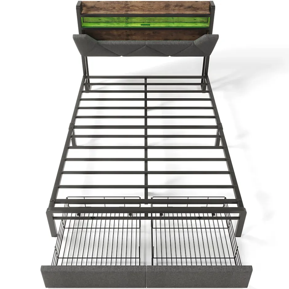 Gutent Lit adulte lit 140x200 cm avec cadre métallique lit rembourré avec éclairage led et tiroirs lit double lin gris Sale
