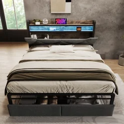 Gutent Lit adulte lit 140x200 cm avec cadre métallique lit rembourré avec éclairage led et tiroirs lit double lin gris Sale