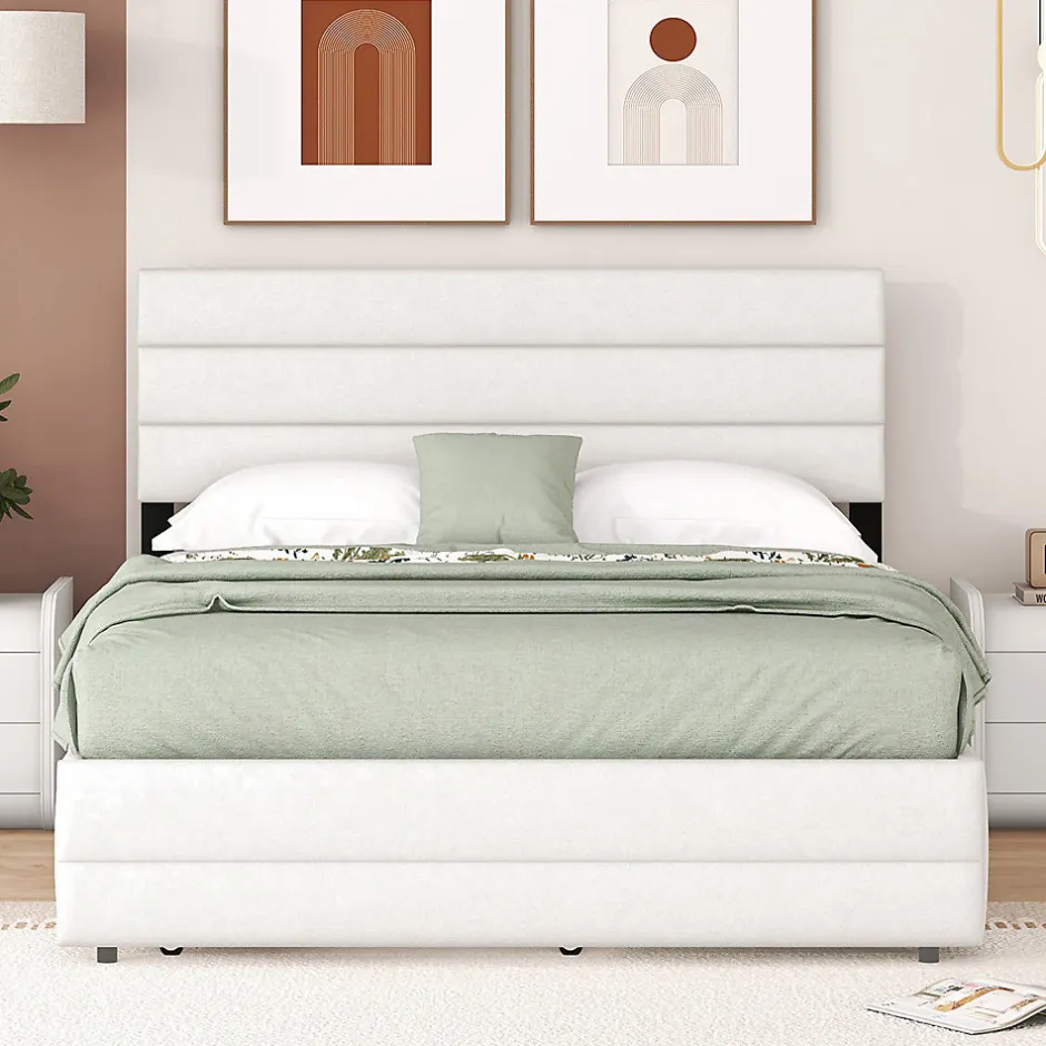 Gutent Lit adulte lit 140x200 cm avec brocheuse et deux tiroirs lit double lin beige