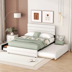 Gutent Lit adulte lit 140x200 cm avec brocheuse et deux tiroirs lit double lin beige