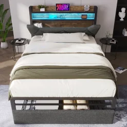 Gutent Lit adulte lit 90x200 cm avec cadre métallique lit rembourré avec éclairage led et tiroirs Single lin gris Best