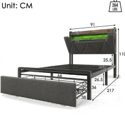 Gutent Lit adulte lit 90x200 cm avec cadre métallique lit rembourré avec éclairage led et tiroirs Single lin gris Best