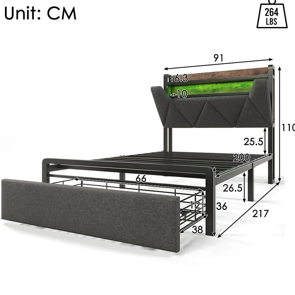Gutent Lit adulte lit 90x200 cm avec cadre métallique lit rembourré avec éclairage led et tiroirs Single lin gris Best