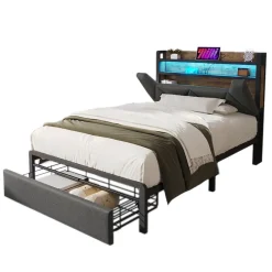 Gutent Lit adulte lit 90x200 cm avec cadre métallique lit rembourré avec éclairage led et tiroirs Single lin gris Best