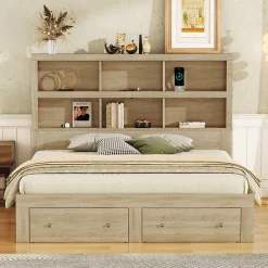 Gutent Lit adulte lit 160x200 cm avec deux tiroirs avec rangement tête de lit lit double panneau de particules Neutral