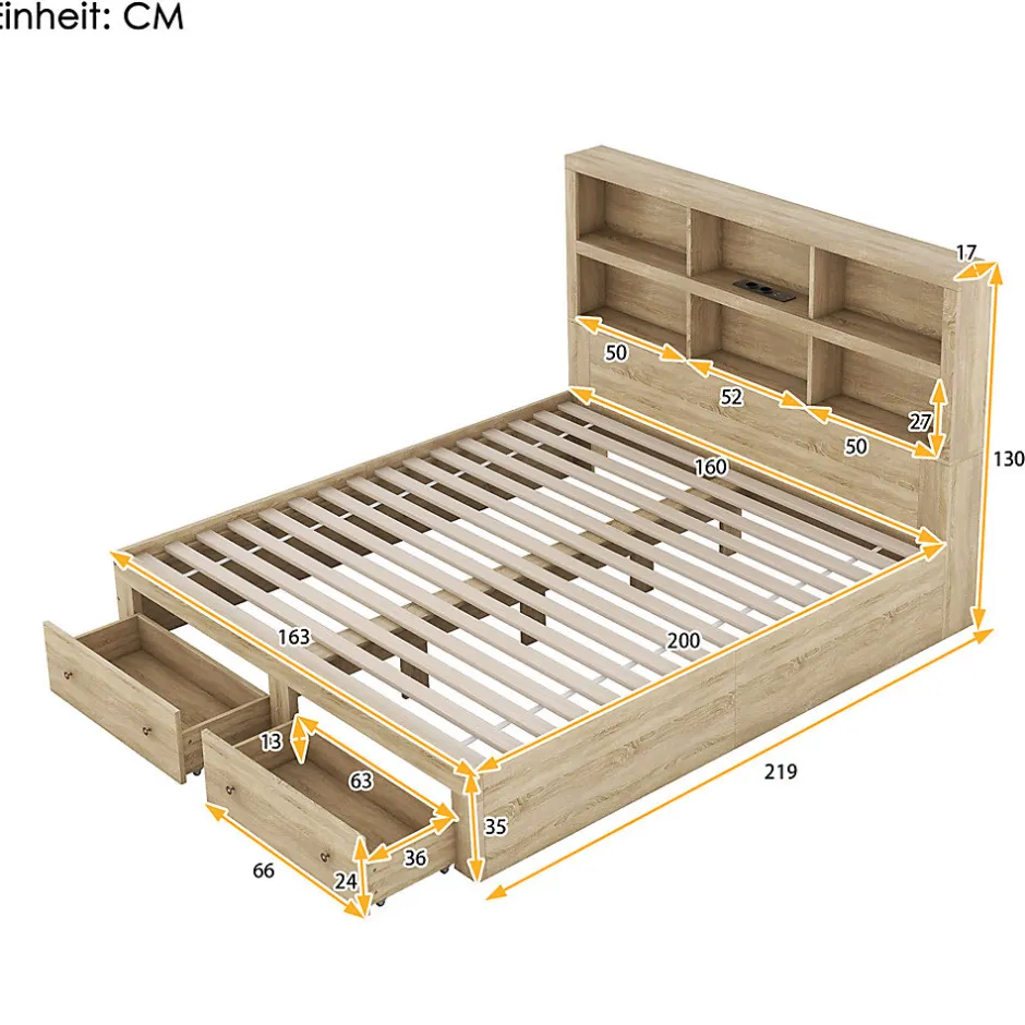 Gutent Lit adulte lit 160x200 cm avec deux tiroirs avec rangement tête de lit lit double panneau de particules Neutral
