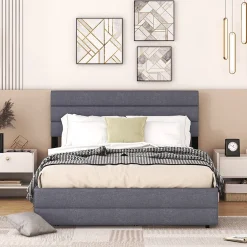 Gutent Lit adulte lit 140x200 cm avec brocheuse et deux tiroirs lit double lin gris Best