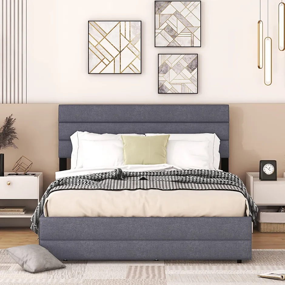 Gutent Lit adulte lit 140x200 cm avec brocheuse et deux tiroirs lit double lin gris Best