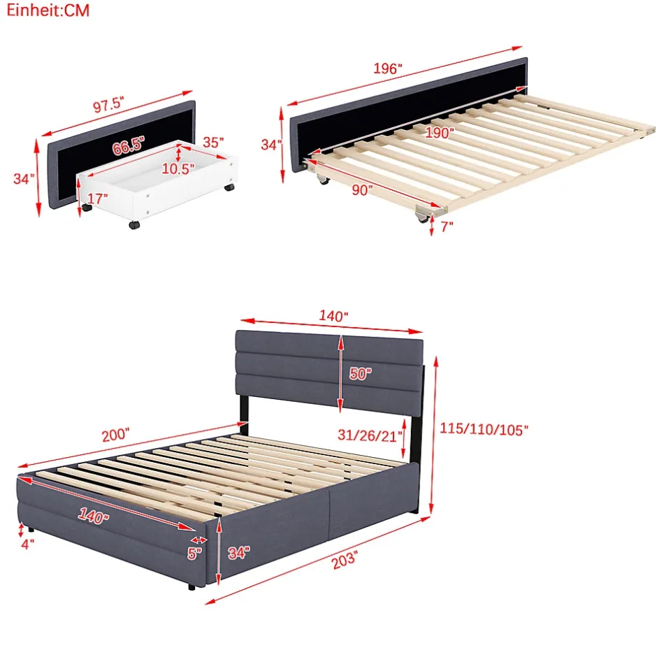 Gutent Lit adulte lit 140x200 cm avec brocheuse et deux tiroirs lit double lin gris Best