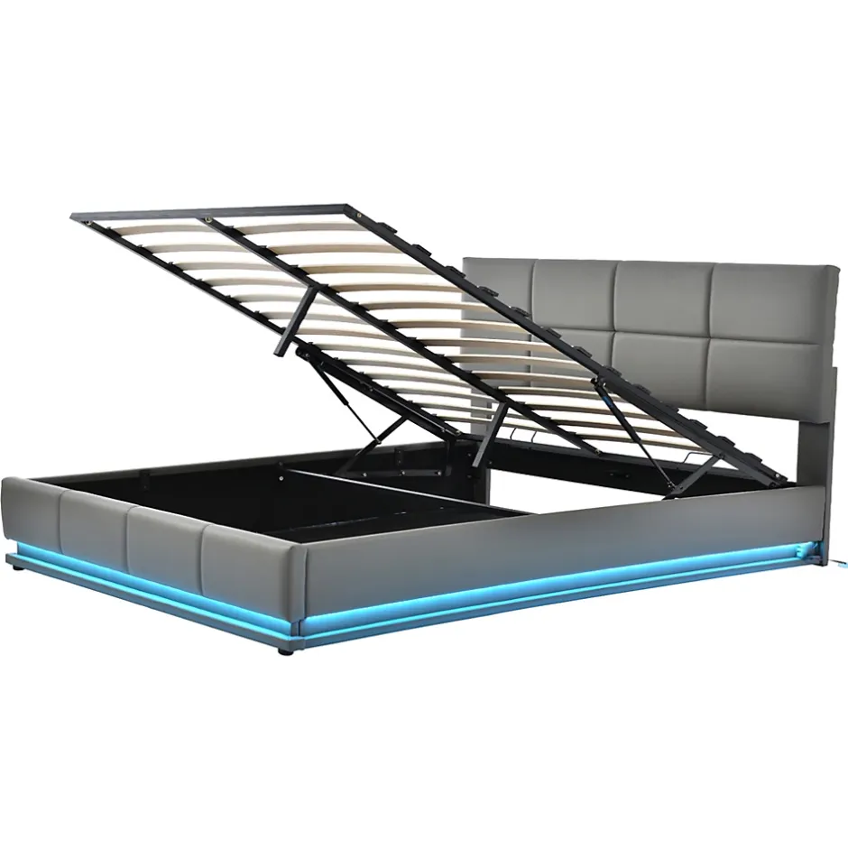 Gutent Lit adulte lit 160x200 cm lit led rembourré hydraulique lit de rangement lit double cuir synthétique gris Discount