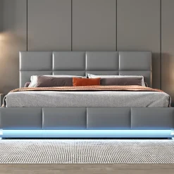Gutent Lit adulte lit 160x200 cm lit led rembourré hydraulique lit de rangement lit double cuir synthétique gris Discount