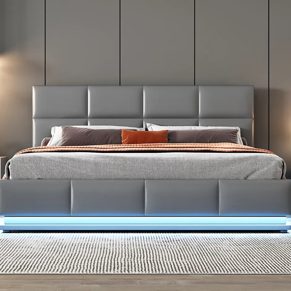 Gutent Lit adulte lit 160x200 cm lit led rembourré hydraulique lit de rangement lit double cuir synthétique gris Discount
