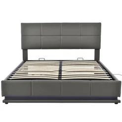 Gutent Lit adulte lit 160x200 cm lit led rembourré hydraulique lit de rangement lit double cuir synthétique gris Discount