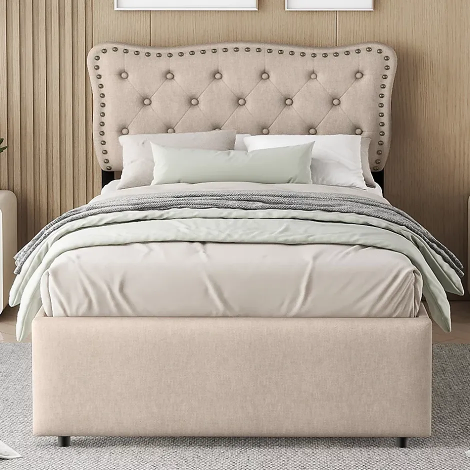 Gutent Lit adulte lit 90x200 cm lit plat lit rembourré Single tiroirs doubles lin beige foncé Sale