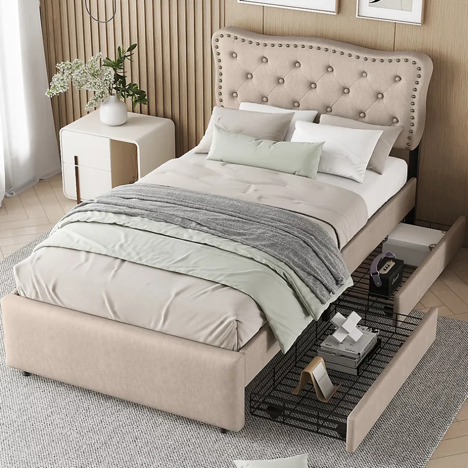 Gutent Lit adulte lit 90x200 cm lit plat lit rembourré Single tiroirs doubles lin beige foncé Sale