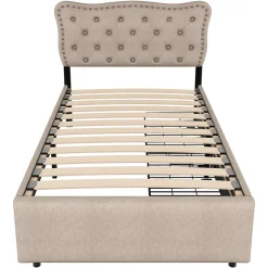 Gutent Lit adulte lit 90x200 cm lit plat lit rembourré Single tiroirs doubles lin beige foncé Sale