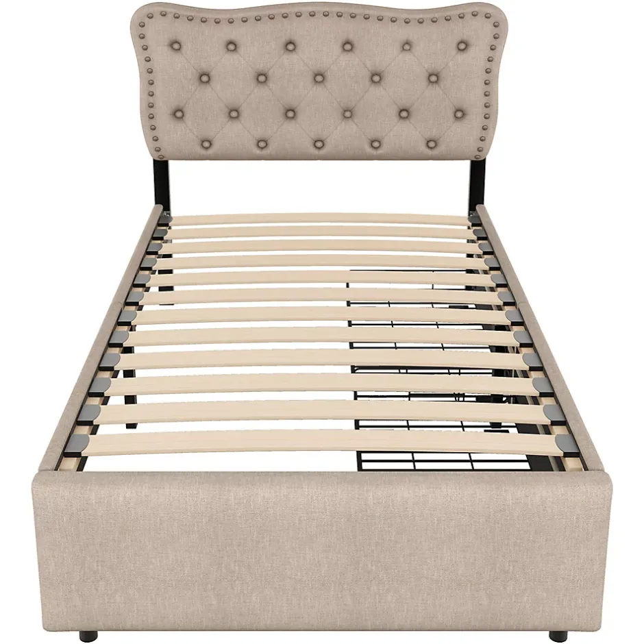 Gutent Lit adulte lit 90x200 cm lit plat lit rembourré Single tiroirs doubles lin beige foncé Sale
