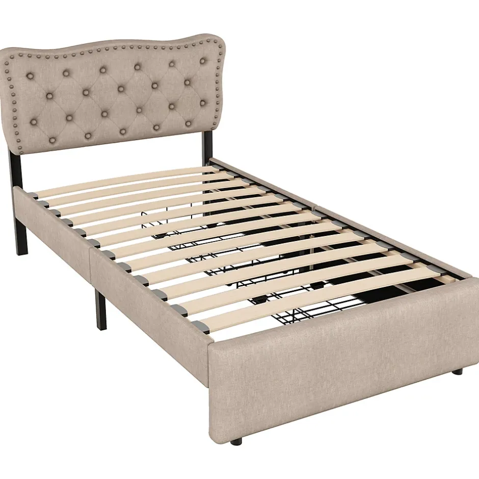 Gutent Lit adulte lit 90x200 cm lit plat lit rembourré Single tiroirs doubles lin beige foncé Sale