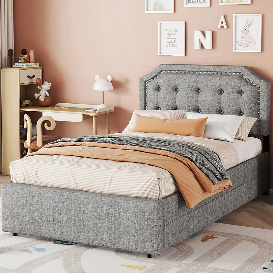 Gutent Lit adulte lit 90x200 cm lit plat lit rembourré lit 2 tiroirs Single gris