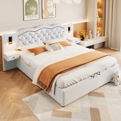 Gutent Lit adulte lit 180x200 cm lit rembourré hydraulique avec deux lampes de chevet lit double lin beige