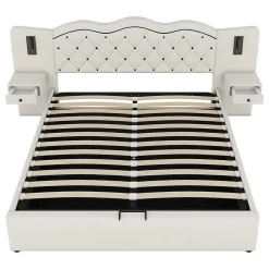 Gutent Lit adulte lit 180x200 cm lit rembourré hydraulique avec deux lampes de chevet lit double lin beige