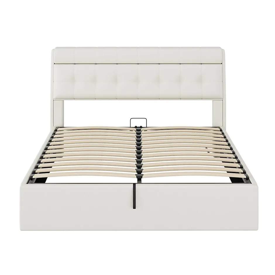 Gutent Lit adulte lit 160x200 cm lit rembourré hydraulique lit double avec sommier à lattes pu blanc crème Online
