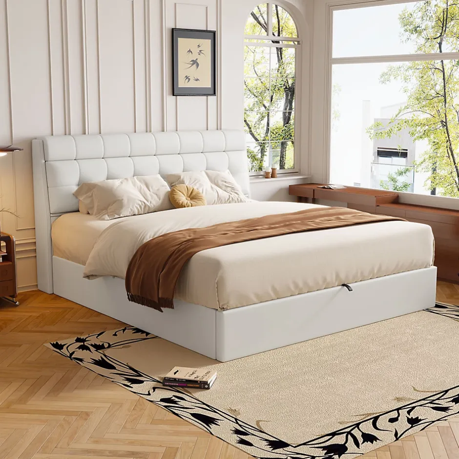 Gutent Lit adulte lit 160x200 cm lit rembourré hydraulique lit double avec sommier à lattes pu blanc crème Online