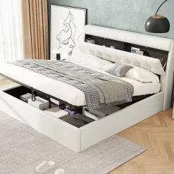 Gutent Lit adulte lit 160x200 cm lit rembourré hydraulique lit double avec sommier à lattes pu blanc crème Online