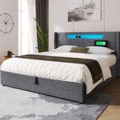 Gutent Lit adulte lit 140x200 cm lit rembourré lit de rangement lit sommier à lattes en bois lit double lin gris