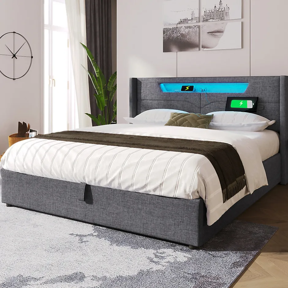 Gutent Lit adulte lit 140x200 cm lit rembourré lit de rangement lit sommier à lattes en bois lit double lin gris