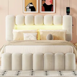 Gutent Lit adulte lit 140x200 cm lit rembourré avec barre lumineuse led lit 4 tiroirs avec usb et chaîne stéréo lit double velours beige