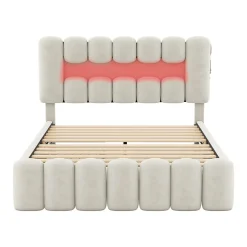 Gutent Lit adulte lit 140x200 cm lit rembourré avec barre lumineuse led lit 4 tiroirs avec usb et chaîne stéréo lit double velours beige