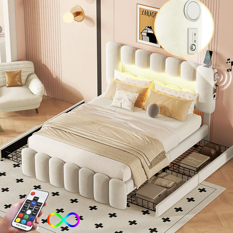 Gutent Lit adulte lit 140x200 cm lit rembourré avec barre lumineuse led lit 4 tiroirs avec usb et chaîne stéréo lit double velours beige