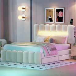 Gutent Lit adulte lit 140x200 cm lit rembourré avec barre lumineuse led lit 4 tiroirs avec usb et chaîne stéréo lit double velours beige
