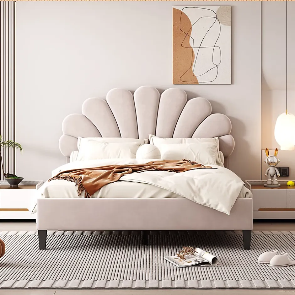 Gutent Lit adulte lit 140x200 cm lit rembourré lit cadre à lamelles lit double velours beige Best